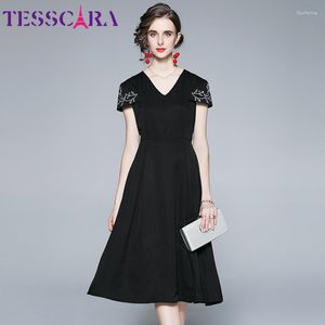 Vestidos de fiesta TESSCARA, vestido elegante con cuentas para mujer, vestido largo negro de cóctel de alta calidad, vestido de diseñador de pasarela para mujer, Vestidos acampanados