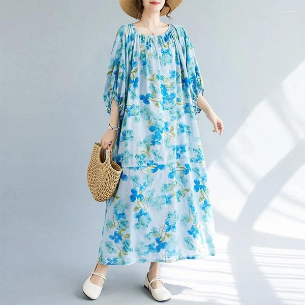 Robes de fête mince lin lin lin imprimé floral vintage robe d'été lâche pour femmes style de voyage de voyage en plein air surdimension