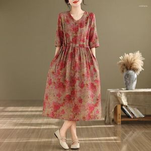 Robes de fête minces légères à imprimé doux à mi-manches à manches lâches Vintage Draw String Women Femme Casual Summer Midi Robe Elegant Office Dame Work