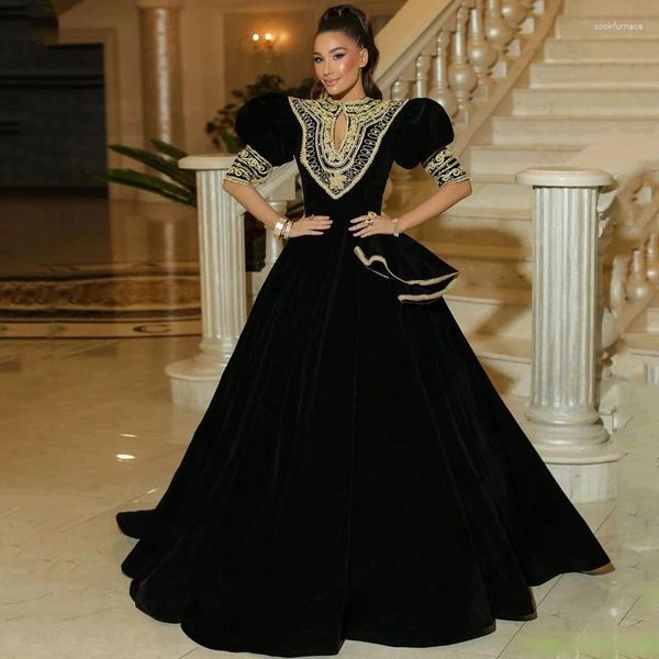 Vestidos de fiesta Thinyfull Sexy Caftan marroquí Noche 2023 A-Line Dubai Arabia Saudita Árabe Bordado de oro Vestidos de fiesta islámicos negros Tallas grandes