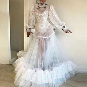 Robes de fête à travers des manches longues sirène balaid bal-cou haut couche blanc plage boho robe mariée sexy robes de fiançailles en dente