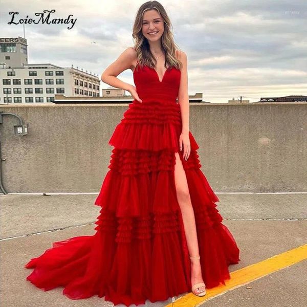 Robes de soirée à plusieurs niveaux en tulle rouge soirée longue 2024 sexy col en v dos nu robe de concours pour les femmes haute fente robes de noche