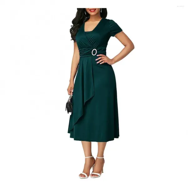 Robes de soirée serrées femmes robe grande taille à manches courtes col en V ourlet asymétrique taille Midi grande balançoire