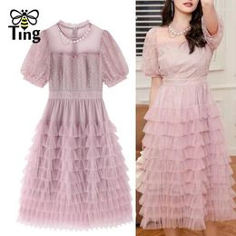 Robes de fête tingfly d'été élégante fille douce couleur rose ruffles pure princesse une robe en couches elbise midi long vestidos