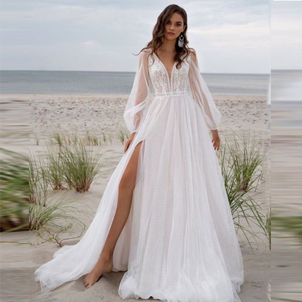 Robes de soirée TIXLEAR Femmes Plage Boho Robe de Mariée 2023 avec Manches Longues Bouffantes Vcou Dot Tulle Haute Fente Dentelle Robe De Mariée Sur Mesure 230221