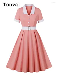 Vestidos de fiesta Tonval 2024 Vestido rosa de estilo vintage con cuello blanco 95% Botón de algodón Retro 40s 50s Damas elegantes plisas