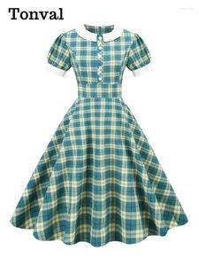 Feestjurken Tonval Penter-Pan Kraag Knop Voorzijde Groene Plaid Rockabilly Vintage Voor Vrouwen Hoge Taille Elegante A-lijn Jurk