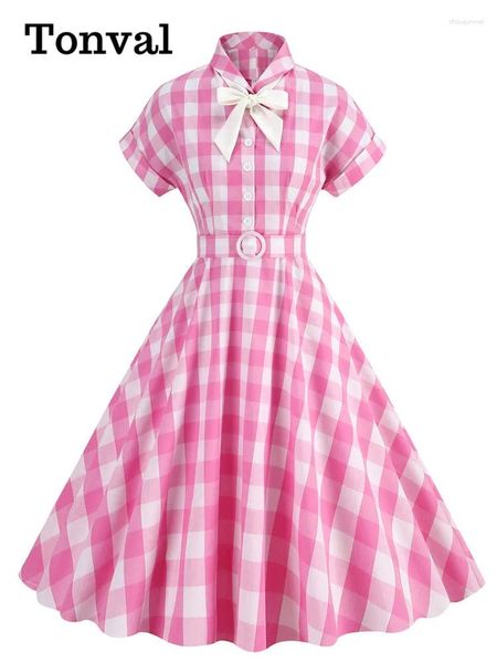 Vestidos de fiesta Tonval Gire de cuello con botones de arco Cotton Vintage Long para mujeres Rosa y blanca estampado de guarnición elegante Swing Swing Vestido