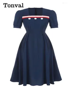 Vestidos de fiesta Tonval XL a 4xl Vintage Long para mujeres Botones de manga corta de cuello cuadrado Vestido elegante de verano azul marino