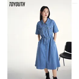 Robes de soirée Toyouth Femmes Denim Robe 2024 Été Manches courtes Polo Col En Forme De Lacet Taille Pur Coton Lâche Mode Mi-longueur