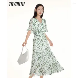 Party Jurken Toyouth Vrouwen Jurk 2024 Zomer Ruches Korte Mouw V-hals Slanke Taille A-vormige Groene Print Mode romantische Vakantie Rok