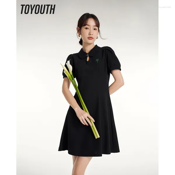 Robes de soirée Toyouth Femmes Robe 2024 Été Manches bouffantes Polo Col A-forme Gouttelette En Forme De Creux De Style Chinois Chic Jupe Midi