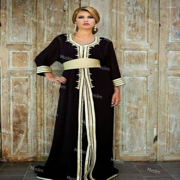 Vestidos de fiesta tradicionales negros y dorados kaftan noche elegante manga larga longitud de fiesta árabe vestido de fiesta 2023 foraml argelino