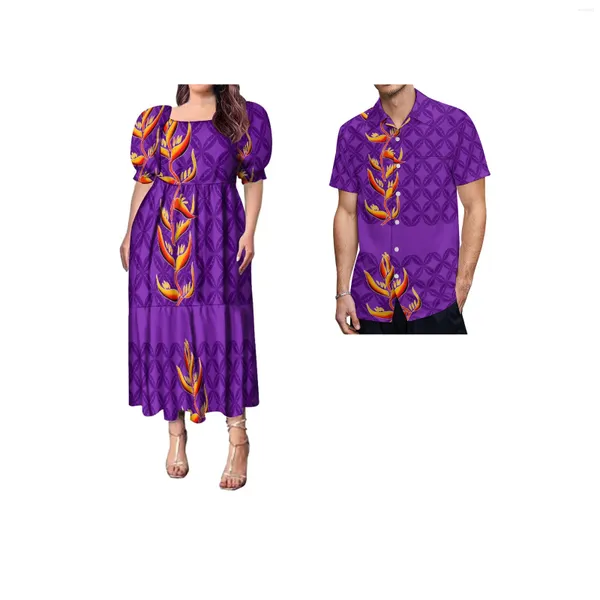 Robes de soirée à la mode personnalisée Îles du Pacifique Tapa Imprimer Ruffle Puff Sleeve Robe à plusieurs niveaux Polynésien Vêtements pour femmes Match Chemise pour hommes