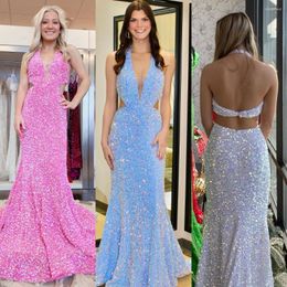 Feestjurken trompet Velvet paillin prom-jurk met halter plungende v-neckline uitgesneden open back lady preteen tienermeisje optocht jurk formeel