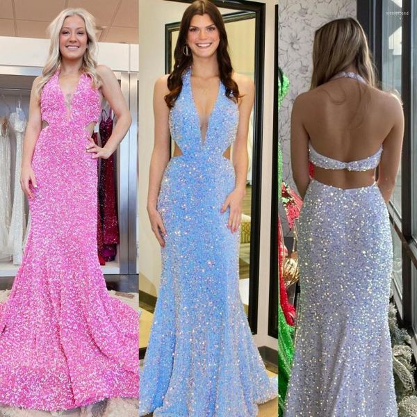 Robes de soirée Trompette Velours Sequin Robe De Bal Avec Halter Plongeant Décolleté En V Découpe Dos Ouvert Lady Preteen Teen Girl Pageant Robe Formelle