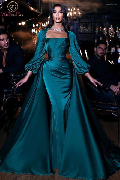 Robes de soirée bleu turquoise robe de bal 2023 sirène manches longues ruché bateau décolleté élastique Satin robe de soirée femmes élégantes