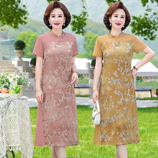 Robes de soirée Ummer Robe élégante en satin de soie à manches courtes Midi Femmes Vintage Style asiatique Cheongsam Robes