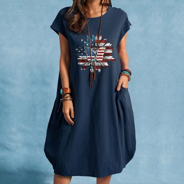 Robes de soirée USA drapeau imprimé été pour les femmes 2023 décontracté à manches courtes col rond avec poche coton lin robe ample