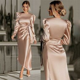 Robes de soirée UZN Chic sirène Satin robes de bal courtes O cou manches bouffantes formelle femme robe de soirée Champagne ajusté robes de soirée avec arc 220923