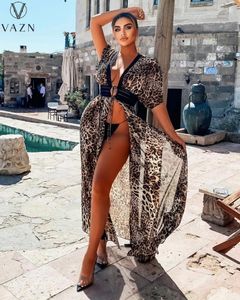 Robes de soirée VAZN 2023 Top Qualité Léopard En Mousseline De Soie Sexy Vacances À Manches Courtes Femmes Maxi Robe Point Ouvert Style Libre Longue Robe