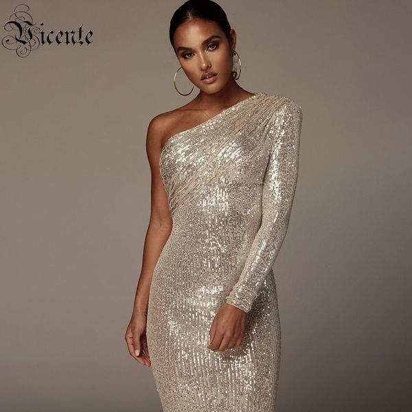 Robes de soirée VC Sexy Une Épaule Robe Femmes Étincelle Glitzy Paillettes Robe Maille Patchwork Célébrité Fête De Noël Vestidos 230505