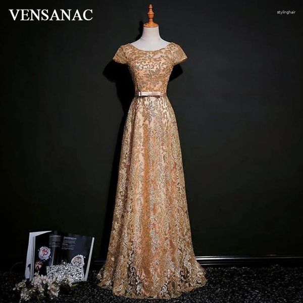 Robes de fête Vensanac 2024 o cou pailled une ligne en dentelle longue soirée à manches courtes à manches courtes