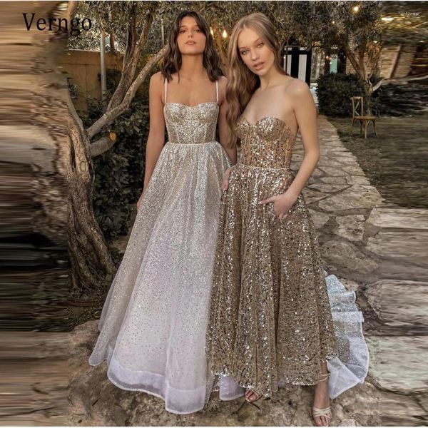 Robes de fête Verngo 2024 Design Sparkly Gold Prom Sweetheart Spaghetti Stracles une robe de soirée de longueur de ligne avec de la poche