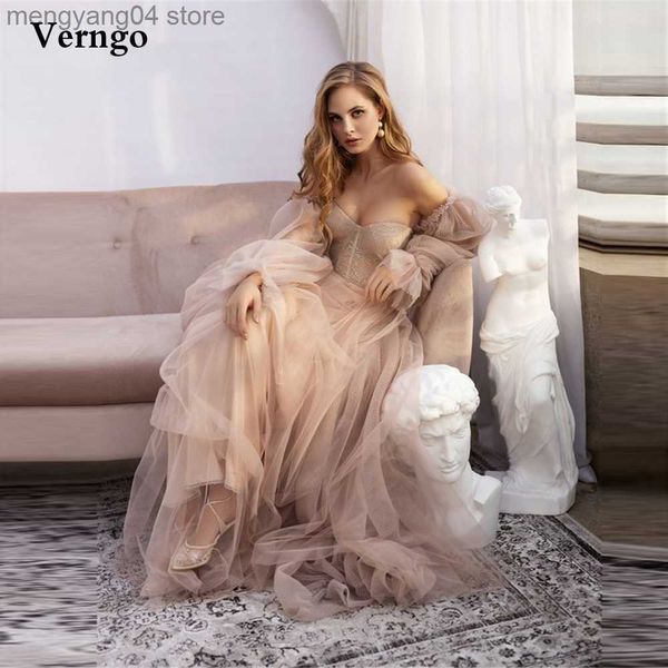 Robes de soirée Verngo Dusty Pink Tulle Une ligne robe de mariée chérie avec bouffée détachable manches longues Garden Country 2021 Robes de mariée T230502