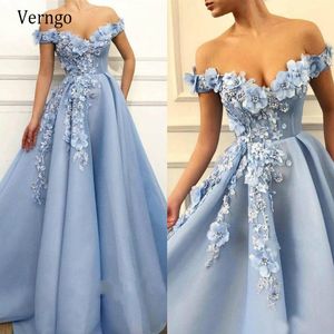 Feestjurken Verngo Elegant Sky Blue Prom 3D Bloemen een lijnmouwen uit de schouderavondjurken lange formele gelegenheid jurkparty