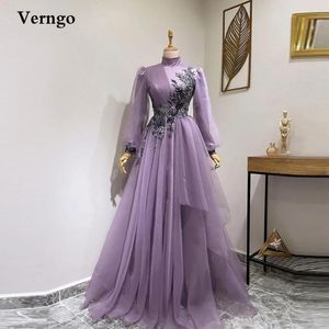 Feestjurken Verngo lavendel tulle lange mouwen prom high necy appliquqe ruches vloer lengte avondjurk dubai vrouwen formele kleding