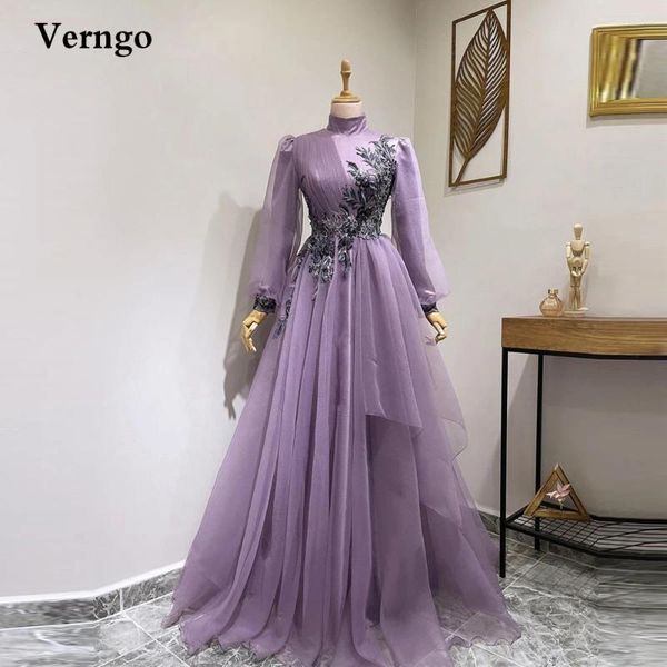 Robes de fête Verngo lavender tulle manches longues bal de cou high applick ruffles de la longueur du sol robe de soirée Dubaï Femmes