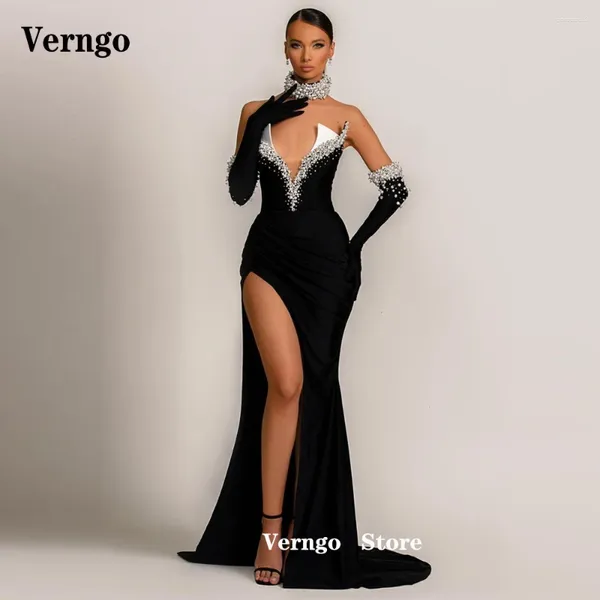 Robes de fête verngo sexy sirène noire longue gants de soirée