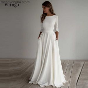 Feestjurken Verngo eenvoudige trouwjurk lange mouwen een lijn crêpe boothals elegante bruidsjurken met zakken plus size robe de mariee t230502