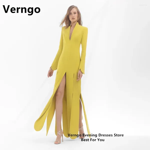 Robes de fête Verngo Yellow Elastic Soft Satin Robes de bal Femmes Femmes Suit à manches Long