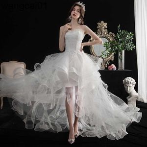 Feestjurken Vestido de noiva 2023 Nieuwe voorkant korte lange rugbanden trouwjurk zoete bruid jurk met trein op maat gemaakte trouwjurk 0408H23