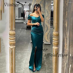 Robes de fête Viisher Green Satin Sirène Soirée Off Boder Scoop Strot Strot Long Prom Robe avec des femmes fendues