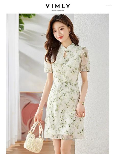 Robes de fête Vimly Mini Qipao Robe florale d'été pour femmes 2024 chinois Cheongsam à manches courtes Collier Green Imprimé Organza