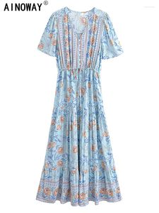 Vestidos de fiesta Vintage CHARE Mujeres azules Blue Floral Ruffles Bohemio Maxi Ladies Rayon Summer A-Line Beach Boho Vestidos Vestidos