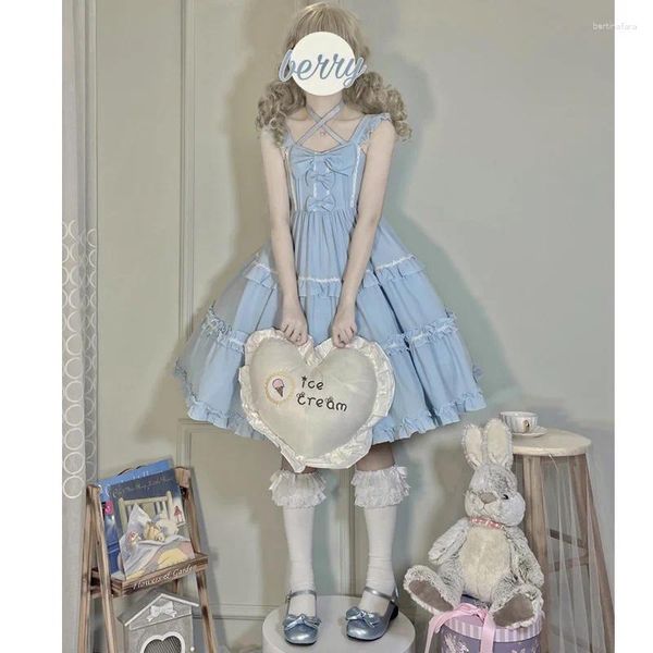 Robes de soirée Vintage mignon sans manches douce fille robe lolita kawaii doux volants rose fronde femmes 2023 été bébé poupée arc robe d'été