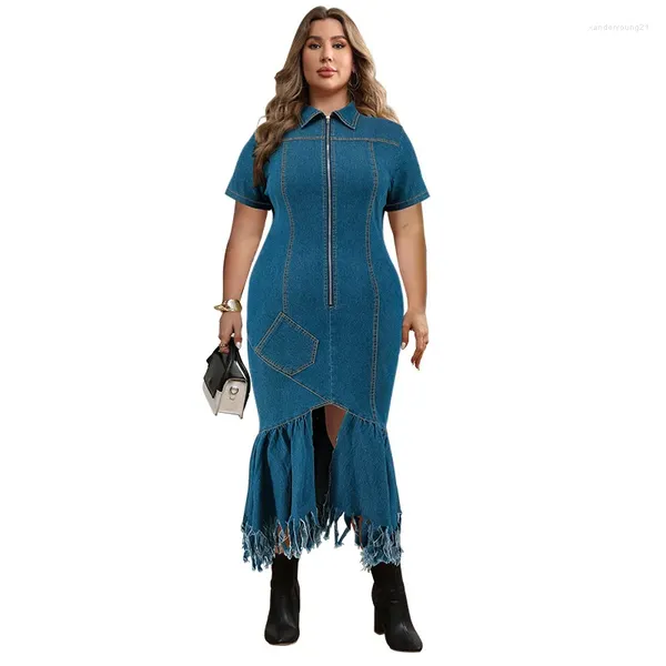 Vestidos de fiesta Vestido de mezclilla vintage Mujeres Primavera Verano Elegante Casual Manga corta Cremallera Tallas grandes Midi Irregular Jeans Sexy Robe Femme