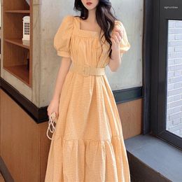 Feestjurken vintage gratis riem vrouw zomer elegant Korea hof stijl vierkante kraag katoen plaid lange jurk retro 2024 vestidos kleid
