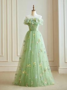 Robes de fête Vintage Green Prom Prom Princess sans manches Habitage Robe romantique sans bretelles Floral Women Vestidos de Noche