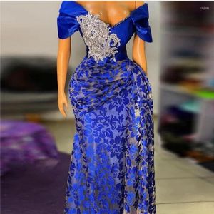 Feestjurken vintage kant aso ebi prom plus size nigeria African Formal Evening Dress Royal Blue Off the Shoulder Longjurken