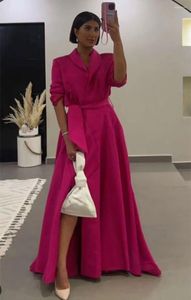 Feestjurken vintage fuchsia satijnen avondjurk met lange mouwen met zakken a-line v-neck vloer lengte ritssluiting achterste formele jurken voor vrouwen