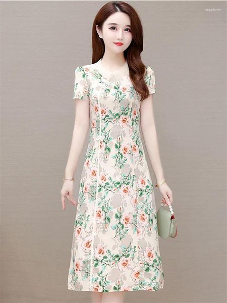 Robes de soirée Vintage Imprimer Qipao Robe 2024 Mode d'été Slim manches courtes A-ligne en mousseline de soie longue style chinois Cheongsam Robe Femme