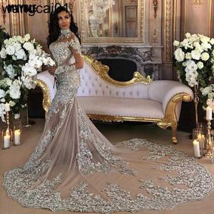 Feestjurken Vintage Silver Lace Mermaid Moslim trouwjurk met lange sevens High Neck Saoedi -Arabië Bridal Jurken Dubai African Bride Dress 0408H23