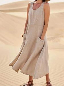 Feestjurken vintage mouwloze tankjurk vrouwen elegante ronde nek vast katoenen linnen vestidos zomer casual losse zakken lange jurken w0428