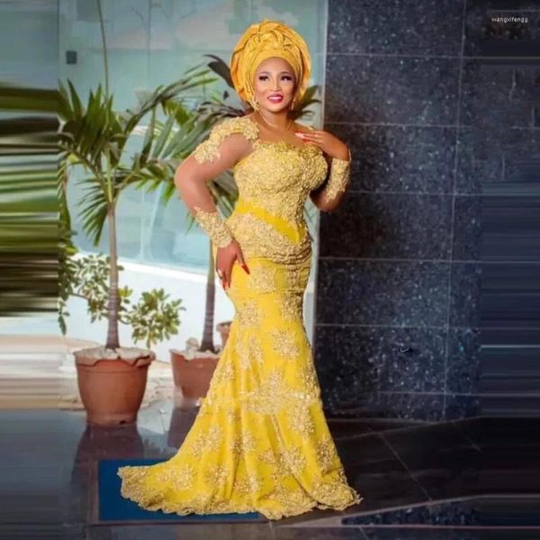 Vestidos de fiesta Vintage Amarillo Aso ASO EBI Mujeres africanas Prom Formal Mangas largas Vestidos de boda nigerianos