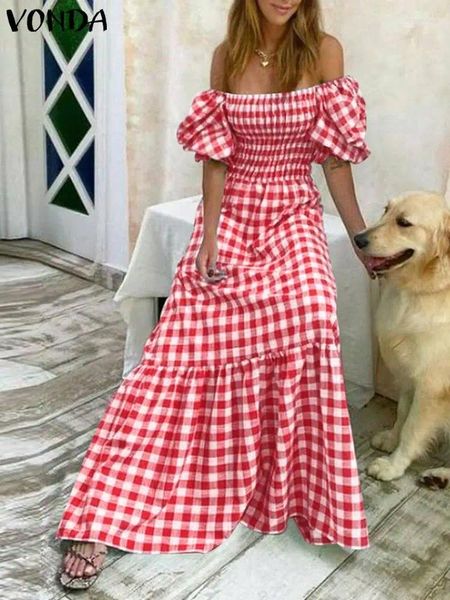 Vestidos de fiesta Vonda 2024 Summer Sundress Bohemian Long Dress Women Short Puff manga a cuadros informes Sexy Collar Square Beach Maxi Rente